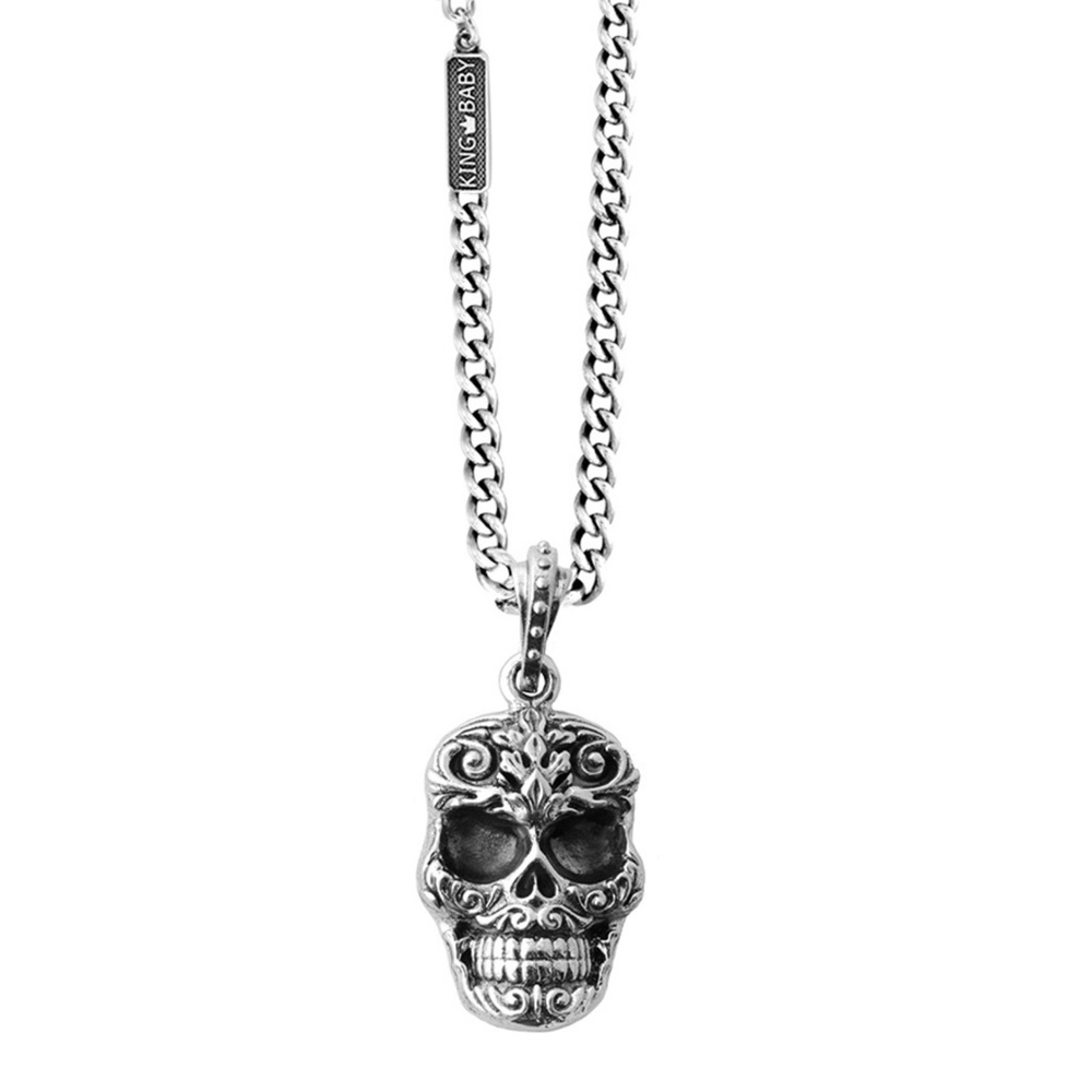 King Baby Studio Sterling Silver carved baroque Skull Pendant on 24 inch chain